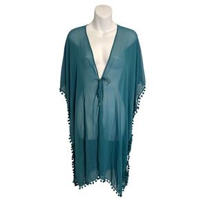 Bleu Rod Beattie NWT Pom Pom Kaftan Swim Cover Up Drawstring Tropic Thunder Teal
